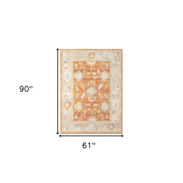 HomeRoots 5' Blue and Orange Floral Area Rug - Stain Resistant, Durable Design for Indoor or Outdoor Spaces Orange 5'1" x 7'6" 531501