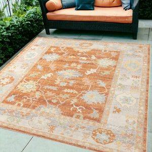 HomeRoots 5' Blue and Orange Floral Area Rug - Stain Resistant, Durable Design for Indoor or Outdoor Spaces Orange 5'1" x 7'6" 531501