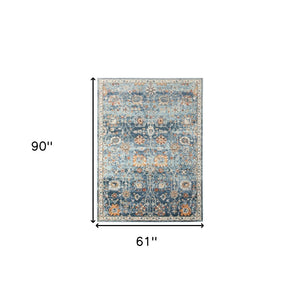 HomeRoots 5' Blue and Orange Floral Area Rug - Stain Resistant, Durable Design for Indoor & Outdoor Spaces Navy 5'1" x 7'6" 531505