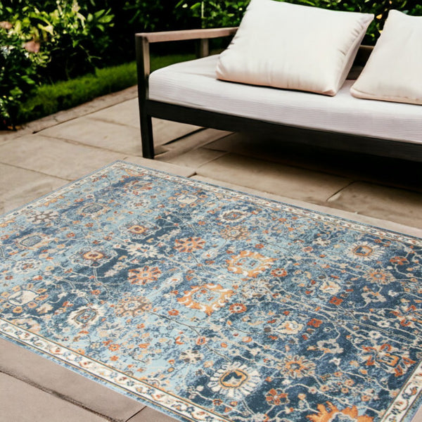 HomeRoots 5' Blue and Orange Floral Area Rug - Stain Resistant, Durable Design for Indoor & Outdoor Spaces Navy 7'9" x 9'9" 531506