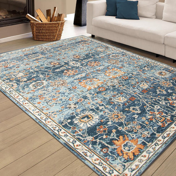 HomeRoots 5' Blue and Orange Floral Area Rug - Stain Resistant, Durable Design for Indoor & Outdoor Spaces Navy 8'9" x 11'9" 531507