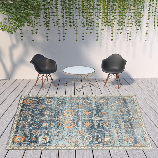 HomeRoots 5' Blue and Orange Floral Area Rug - Stain Resistant, Durable Design for Indoor & Outdoor Spaces Navy 8'9" x 11'9" 531507