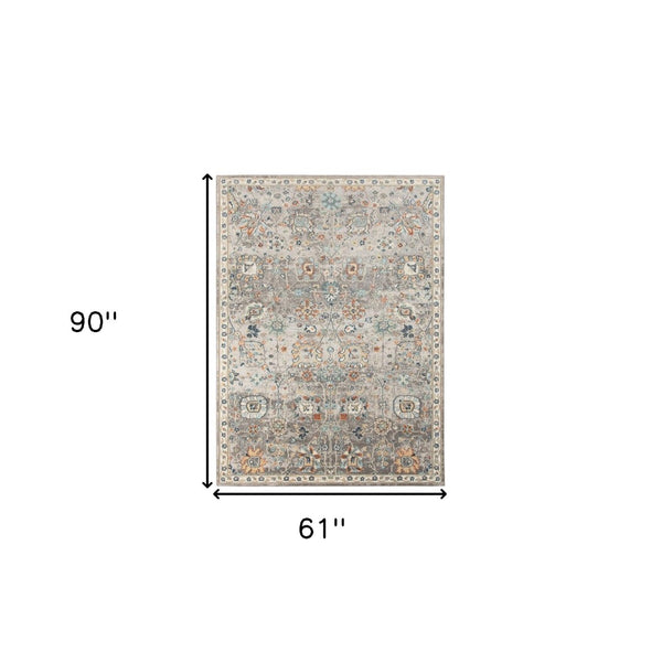 HomeRoots 5' Blue and Orange Floral Area Rug - Stain Resistant, Durable Design for Indoor & Outdoor Spaces Gray 5'1" x 7'6" 531509