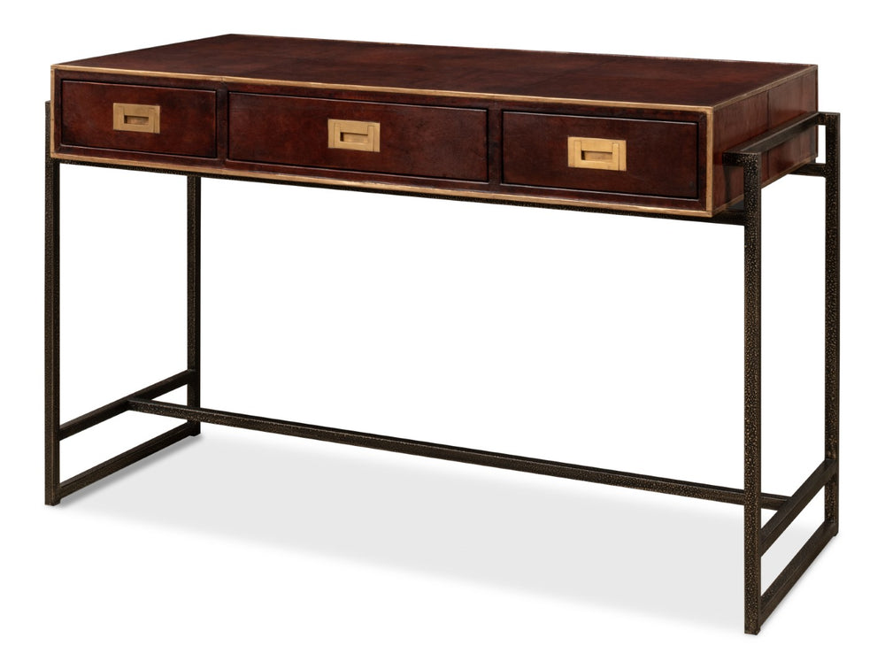 Sarreid Old Brown Leather Desk - Vintage Charm With Iron Frame And Worn Finish - Perfect For Home Office Style Brown  53151