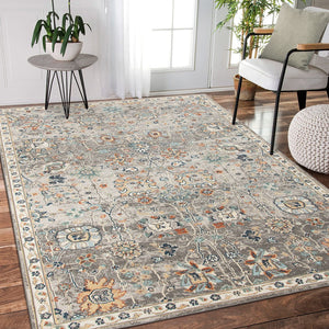 HomeRoots 5' Blue and Orange Floral Area Rug - Stain Resistant, Durable Design for Indoor & Outdoor Spaces Gray 7'9" x 9'9" 531510