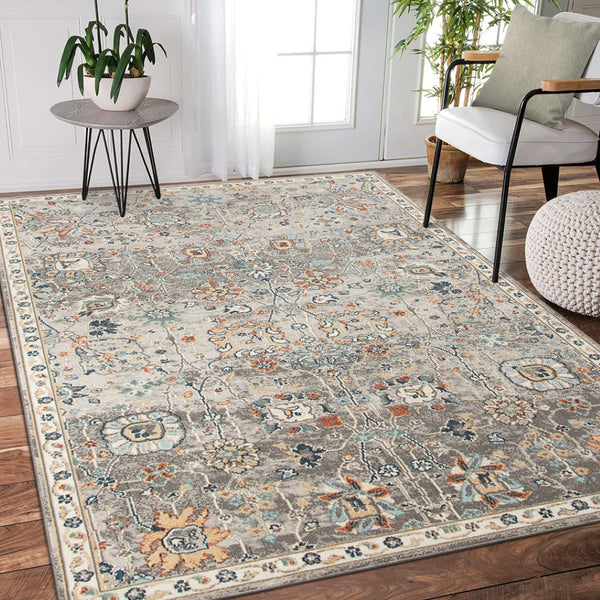 HomeRoots 5' Blue and Orange Floral Area Rug - Stain Resistant, Durable Design for Indoor & Outdoor Spaces Gray 7'9" x 9'9" 531510
