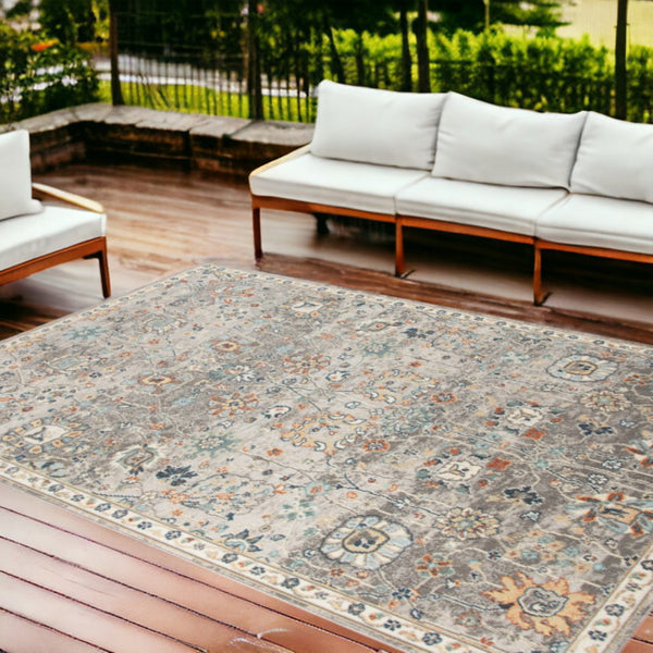 HomeRoots 5' Blue and Orange Floral Area Rug - Stain Resistant, Durable Design for Indoor & Outdoor Spaces Gray 8'9" x 11'9" 531511