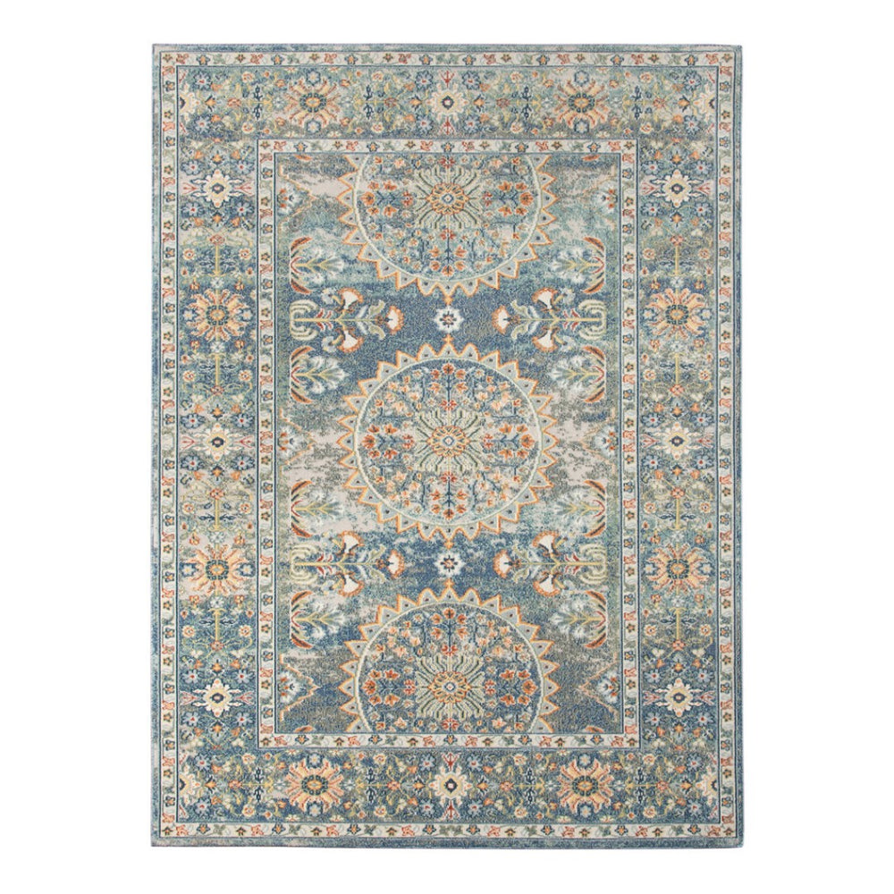 HomeRoots 5' Floral Medallion Area Rug - Vibrant Stain Resistant Design for Indoor & Outdoor Spaces, Durable Style Blue 5'1" x 7'6" 531513