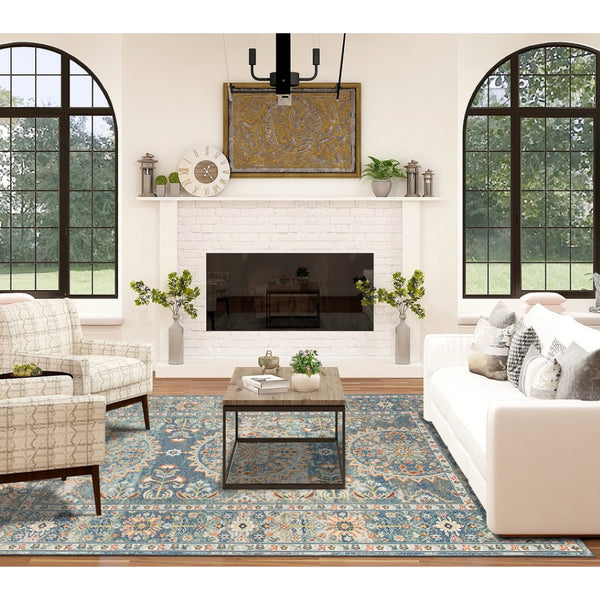 HomeRoots 5' Floral Medallion Area Rug - Vibrant Stain Resistant Design for Indoor & Outdoor Spaces, Durable Style Blue 5'1" x 7'6" 531513