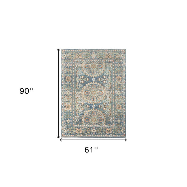 HomeRoots 5' Floral Medallion Area Rug - Vibrant Stain Resistant Design for Indoor & Outdoor Spaces, Durable Style Blue 5'1" x 7'6" 531513
