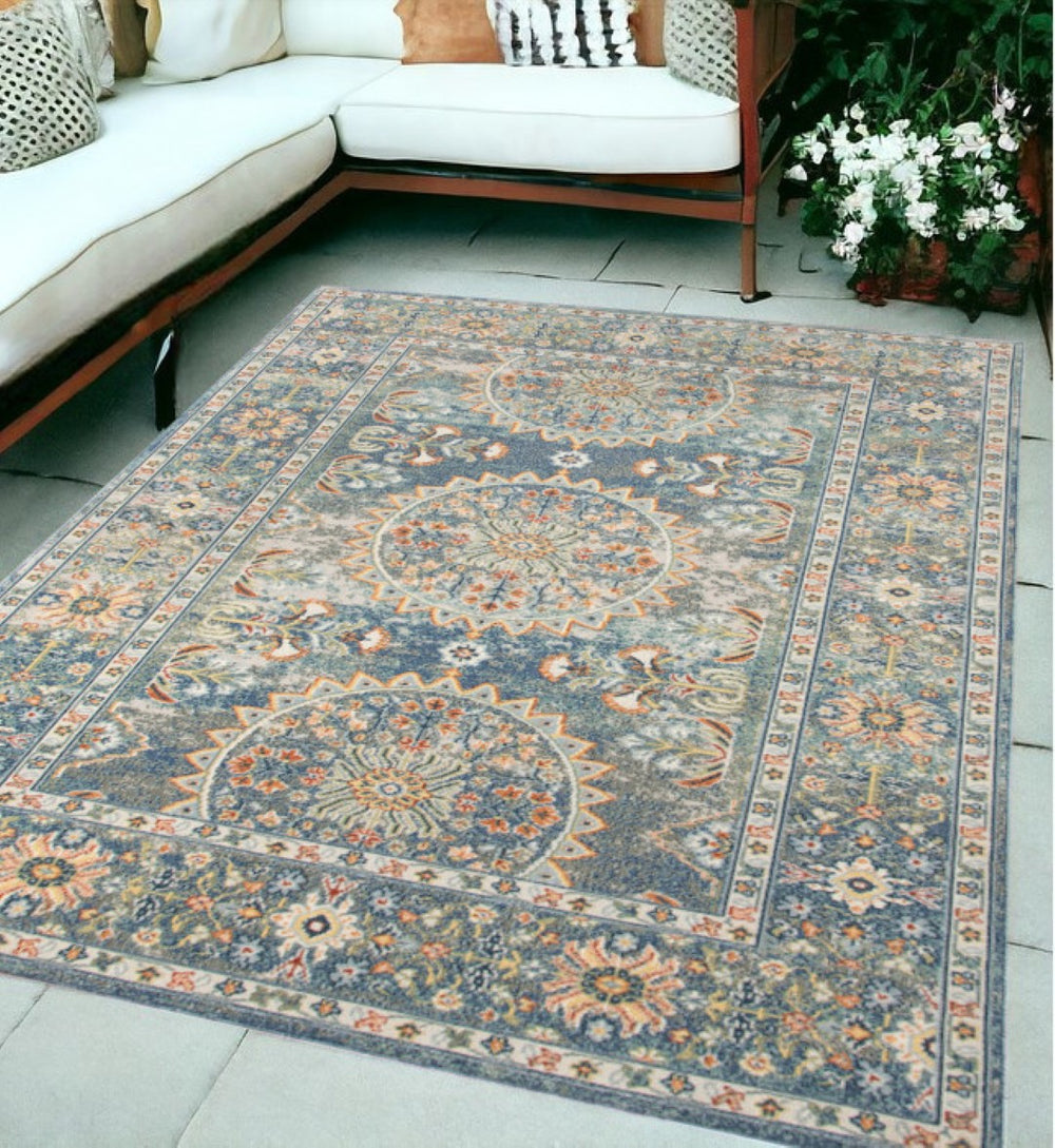 HomeRoots 5' Floral Medallion Area Rug - Vibrant Stain Resistant Design for Indoor & Outdoor Spaces, Durable Style Blue 5'1" x 7'6" 531513