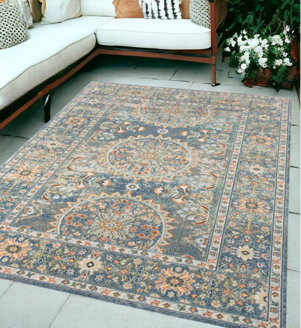 HomeRoots 5' Floral Medallion Area Rug - Vibrant Stain Resistant Design for Indoor & Outdoor Spaces, Durable Style Blue 5'1" x 7'6" 531513