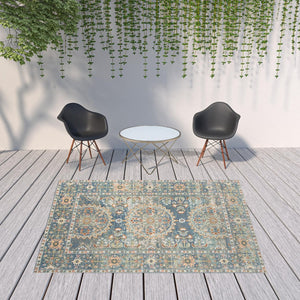 HomeRoots 5' Floral Medallion Area Rug - Vibrant Stain Resistant Design for Indoor & Outdoor Spaces, Durable Style Blue 7'9" x 9'9" 531514