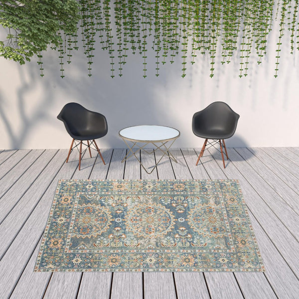 HomeRoots 5' Floral Medallion Area Rug - Vibrant Stain Resistant Design for Indoor & Outdoor Spaces, Durable Style Blue 7'9" x 9'9" 531514