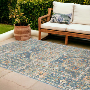 HomeRoots 5' Floral Medallion Area Rug - Vibrant Stain Resistant Design for Indoor & Outdoor Spaces, Durable Style Blue 7'9" x 9'9" 531514