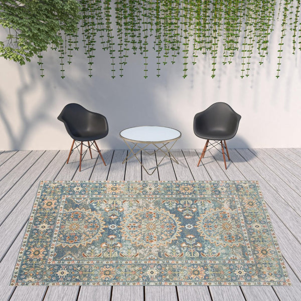 HomeRoots 5' Floral Medallion Area Rug - Vibrant Stain Resistant Design for Indoor & Outdoor Spaces, Durable Style Blue 8'9" x 11'9" 531515