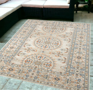 HomeRoots 5' Floral Medallion Area Rug - Vibrant Stain Resistant Design for Indoor & Outdoor Spaces, Durable Style Beige/Orange 5'1" x 7'6" 531517