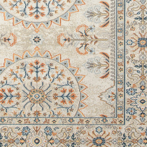 HomeRoots 5' Floral Medallion Area Rug - Vibrant Stain Resistant Design for Indoor & Outdoor Spaces, Durable Style Beige/Orange 5'1" x 7'6" 531517