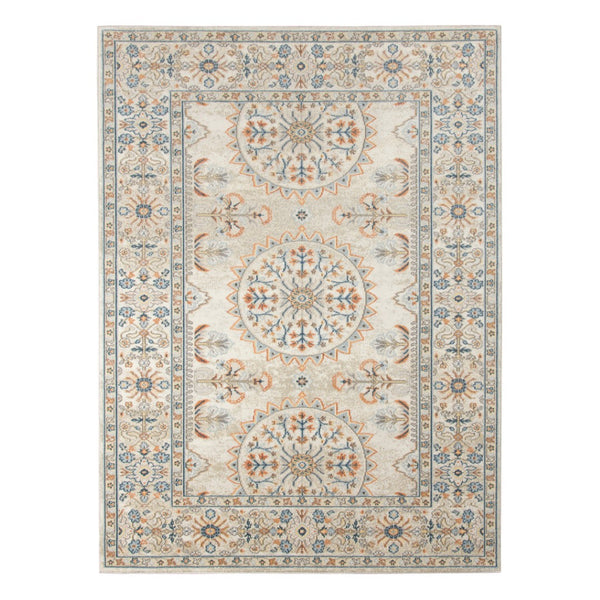 HomeRoots 5' Floral Medallion Area Rug - Vibrant Stain Resistant Design for Indoor & Outdoor Spaces, Durable Style Beige/Orange 8'9" x 11'9" 531519