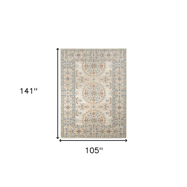 HomeRoots 5' Floral Medallion Area Rug - Vibrant Stain Resistant Design for Indoor & Outdoor Spaces, Durable Style Beige/Orange 8'9" x 11'9" 531519