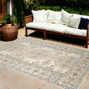 HomeRoots 5' Floral Medallion Area Rug - Vibrant Stain Resistant Design for Indoor & Outdoor Spaces, Durable Style Beige/Orange 8'9" x 11'9" 531519