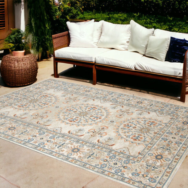 HomeRoots 5' Floral Medallion Area Rug - Vibrant Stain Resistant Design for Indoor & Outdoor Spaces, Durable Style Beige/Orange 8'9" x 11'9" 531519