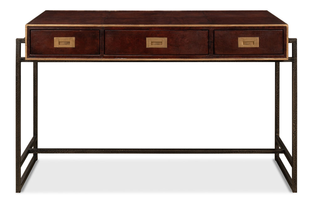 Sarreid Old Brown Leather Desk - Vintage Charm With Iron Frame And Worn Finish - Perfect For Home Office Style Brown  53151