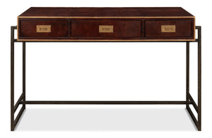 Sarreid Old Brown Leather Desk - Vintage Charm With Iron Frame And Worn Finish - Perfect For Home Office Style Brown  53151