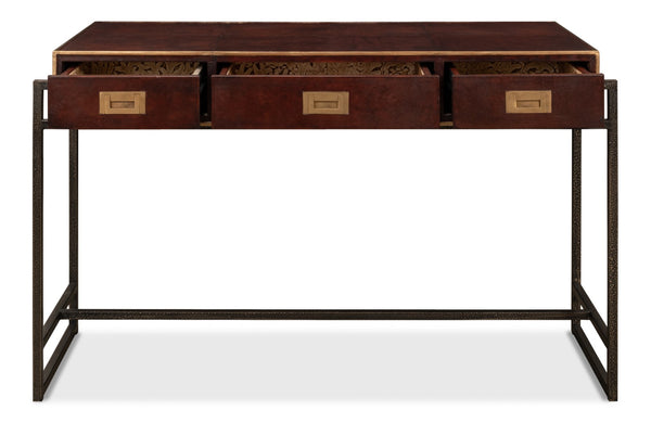 Sarreid Old Brown Leather Desk - Vintage Charm With Iron Frame And Worn Finish - Perfect For Home Office Style Brown  53151