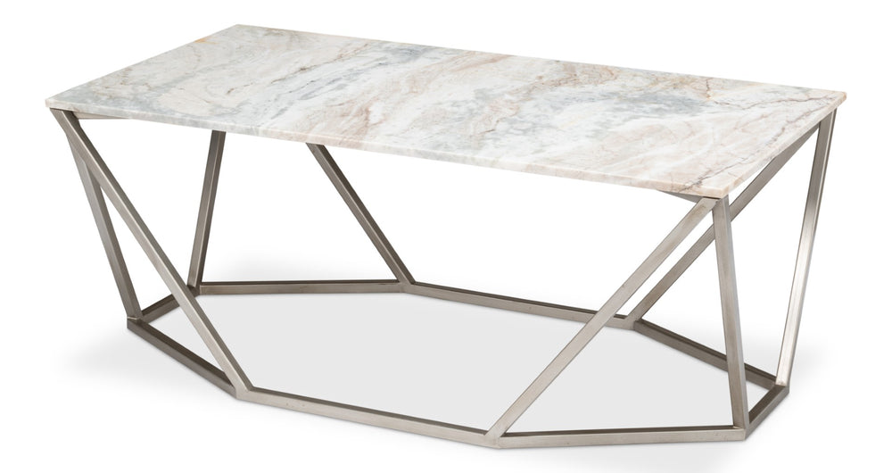 Sarreid Trapezoid Coffee Table With Stunning Marble Top And Unique Veining, Stylish Iron Base In Silver Finish Black  53152