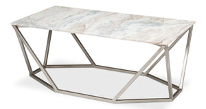 Sarreid Trapezoid Coffee Table With Stunning Marble Top And Unique Veining, Stylish Iron Base In Silver Finish Black  53152