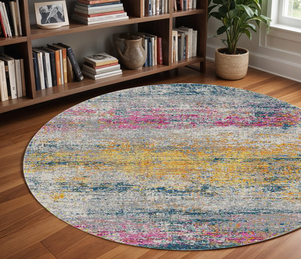 Homeroots 7' Pink And Orange Abstract Power Loom Round Rug  Polypropylene 531525
