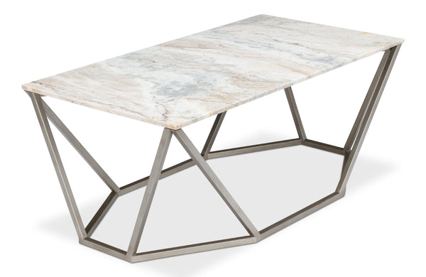 Sarreid Trapezoid Coffee Table With Stunning Marble Top And Unique Veining, Stylish Iron Base In Silver Finish Black  53152