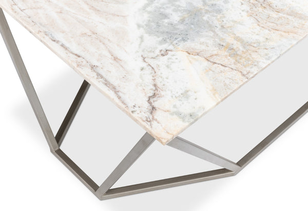 Sarreid Trapezoid Coffee Table With Stunning Marble Top And Unique Veining, Stylish Iron Base In Silver Finish Black  53152