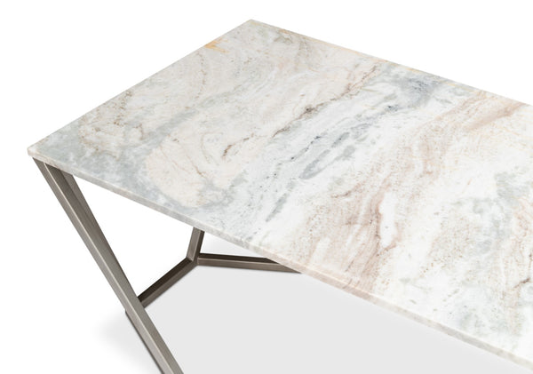Sarreid Trapezoid Coffee Table With Stunning Marble Top And Unique Veining, Stylish Iron Base In Silver Finish Black  53152