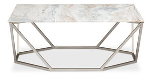 Sarreid Trapezoid Coffee Table With Stunning Marble Top And Unique Veining, Stylish Iron Base In Silver Finish Black  53152