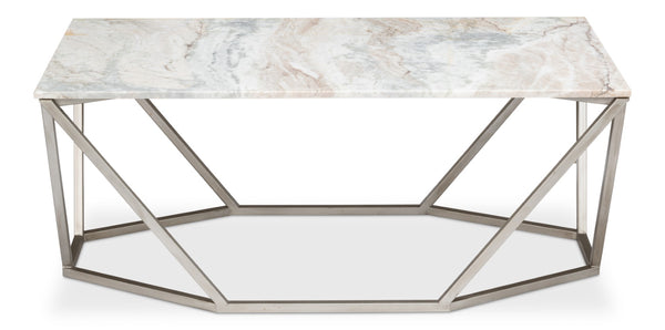 Sarreid Trapezoid Coffee Table With Stunning Marble Top And Unique Veining, Stylish Iron Base In Silver Finish Black  53152