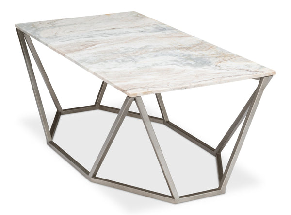 Sarreid Trapezoid Coffee Table With Stunning Marble Top And Unique Veining, Stylish Iron Base In Silver Finish Black  53152
