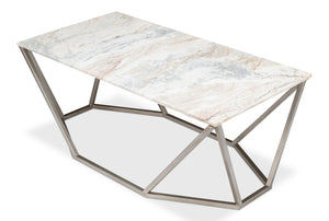 Sarreid Trapezoid Coffee Table With Stunning Marble Top And Unique Veining, Stylish Iron Base In Silver Finish Black  53152
