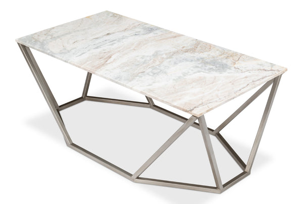 Sarreid Trapezoid Coffee Table With Stunning Marble Top And Unique Veining, Stylish Iron Base In Silver Finish Black  53152
