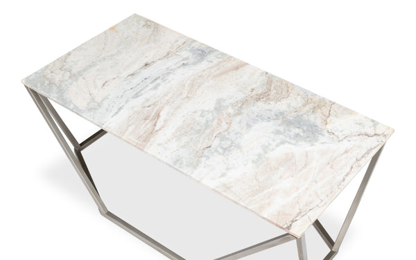 Sarreid Trapezoid Coffee Table With Stunning Marble Top And Unique Veining, Stylish Iron Base In Silver Finish Black  53152