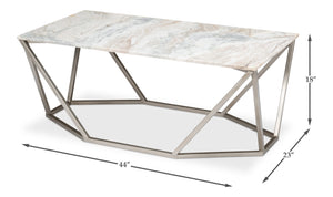 Sarreid Trapezoid Coffee Table With Stunning Marble Top And Unique Veining, Stylish Iron Base In Silver Finish Black  53152