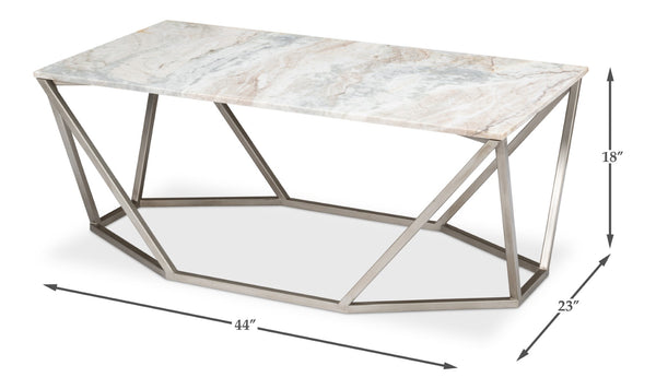 Sarreid Trapezoid Coffee Table With Stunning Marble Top And Unique Veining, Stylish Iron Base In Silver Finish Black  53152
