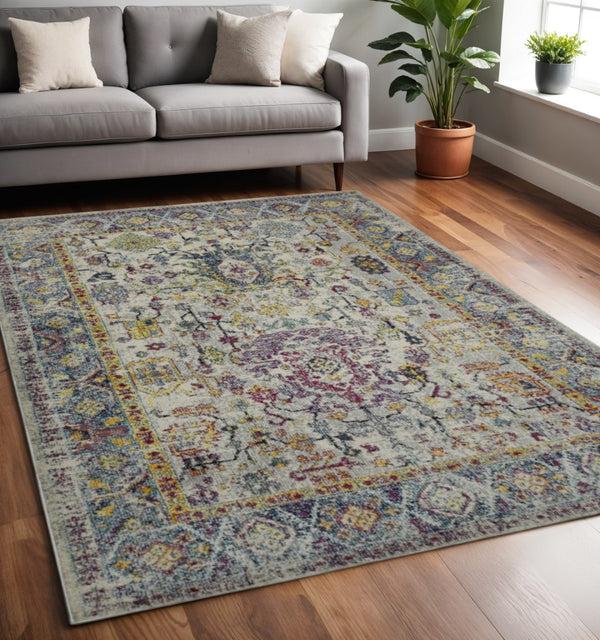 HomeRoots 5' Stylish Persian-Inspired Area Rug in Gray-Blue and Purple – Durable, Stain-Resistant Design 5' x 7' 531530