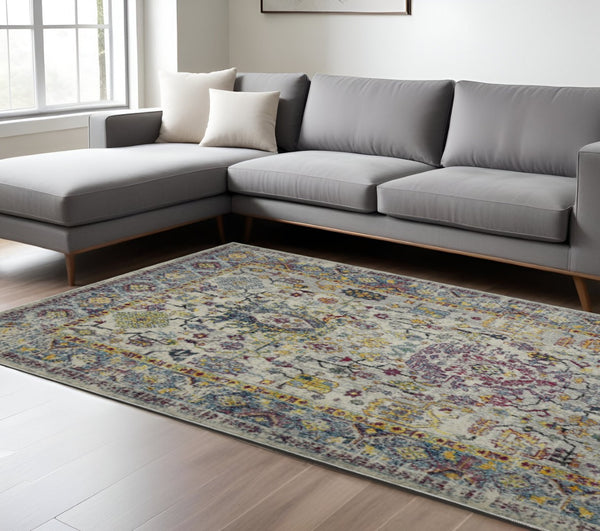 HomeRoots 5' Stylish Persian-Inspired Area Rug in Gray-Blue and Purple – Durable, Stain-Resistant Design 8' x 11' 531531