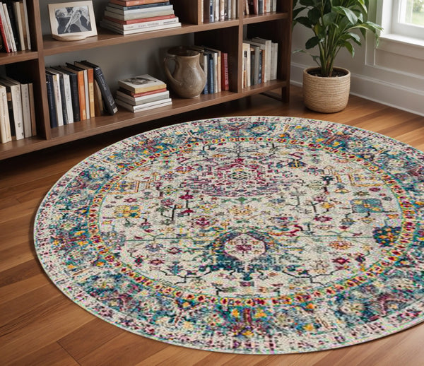 HomeRoots 5' Stylish Persian-Inspired Area Rug in Gray-Blue and Purple – Durable, Stain-Resistant Design 7' Round Round 531532
