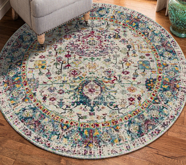HomeRoots 5' Stylish Persian-Inspired Area Rug in Gray-Blue and Purple – Durable, Stain-Resistant Design 7' Round Round 531532