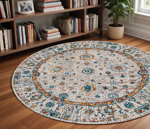 HomeRoots 5' Elegant Gray, Rust, and Blue Persian-Style Area Rug for Durable, Stylish Home Décor Solutions 7' Round Round 531539
