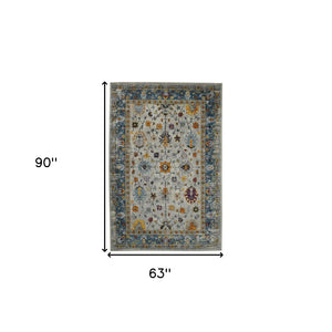 HomeRoots 5' Gray Blue and Orange Area Rug - Durable Persian Floral Design, Stain-Resistant, Ideal for Homes 5' x 7' 531544