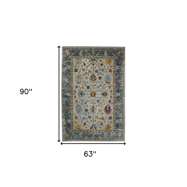 HomeRoots 5' Gray Blue and Orange Area Rug - Durable Persian Floral Design, Stain-Resistant, Ideal for Homes 5' x 7' 531544